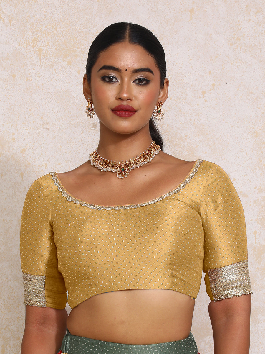 Navika x Tyohaar Saree Blouse, in Gold Chandheri, featuring elbow sleeves and scoop neckline, made for party & festive (view 5).