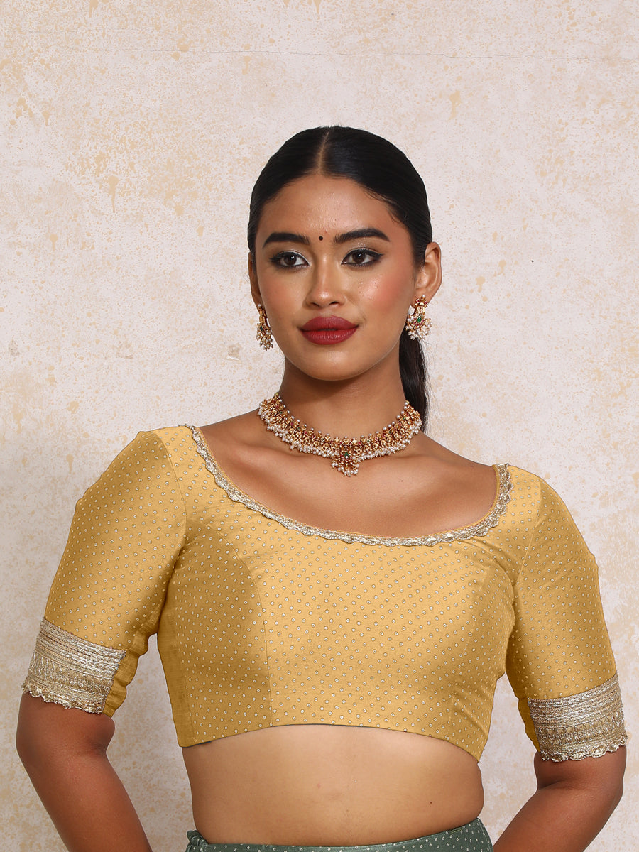 Navika x Tyohaar Saree Blouse, in Gold Chandheri, featuring elbow sleeves and scoop neckline, made for party & festive (view 7).