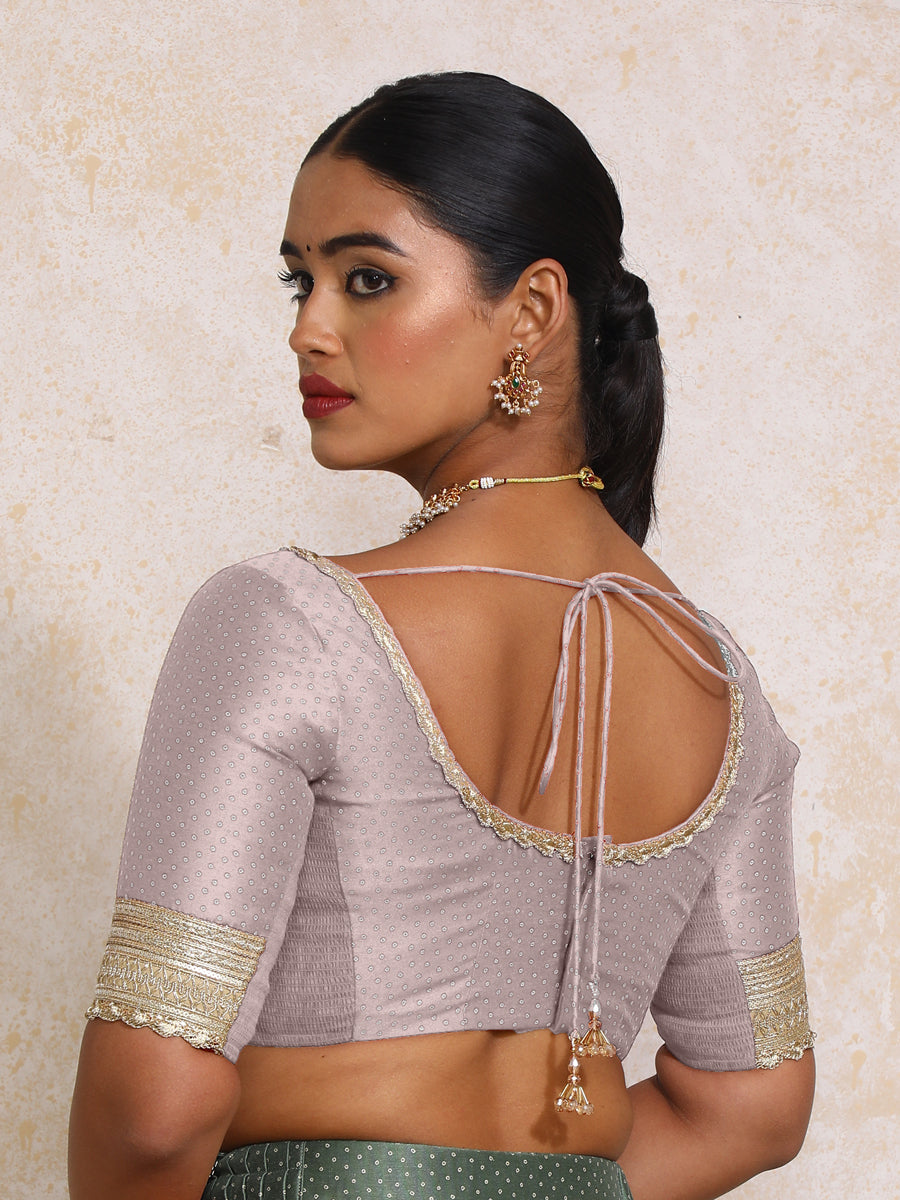 Navika x Tyohaar Saree Blouse, in Purple Chandheri, featuring elbow sleeves and scoop neckline, made for party & festive.