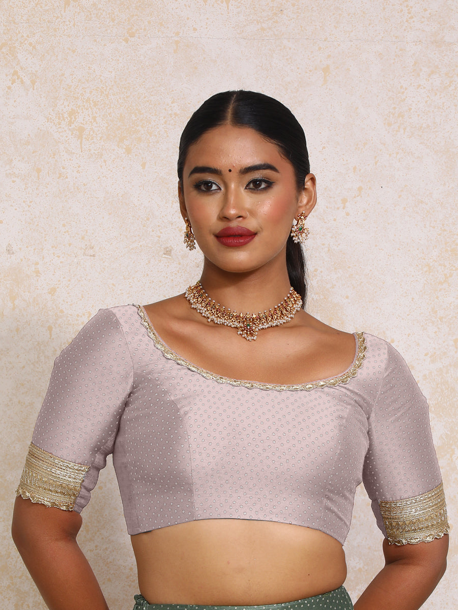 Navika x Tyohaar Saree Blouse, in Purple Chandheri, featuring elbow sleeves and scoop neckline, made for party & festive.