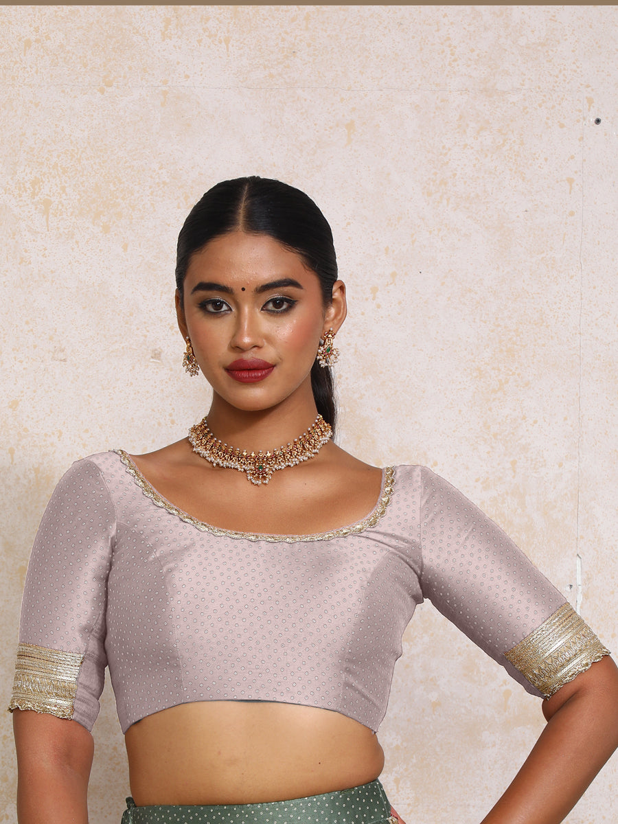 Navika x Tyohaar Saree Blouse, in Purple Chandheri, featuring elbow sleeves and scoop neckline, made for party & festive.