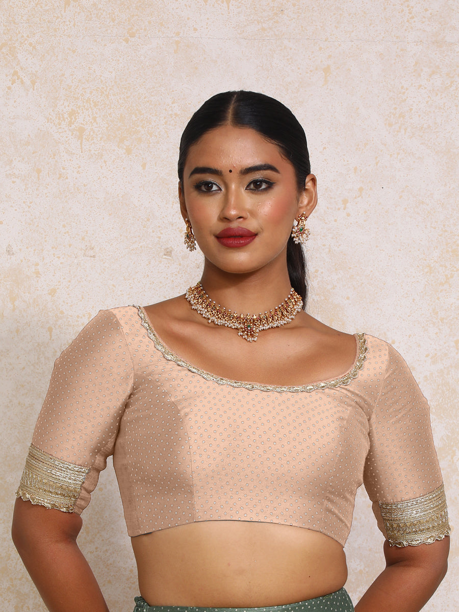 Navika x Tyohaar Saree Blouse, in Copper Chandheri, featuring elbow sleeves and scoop neckline, made for party & festive.