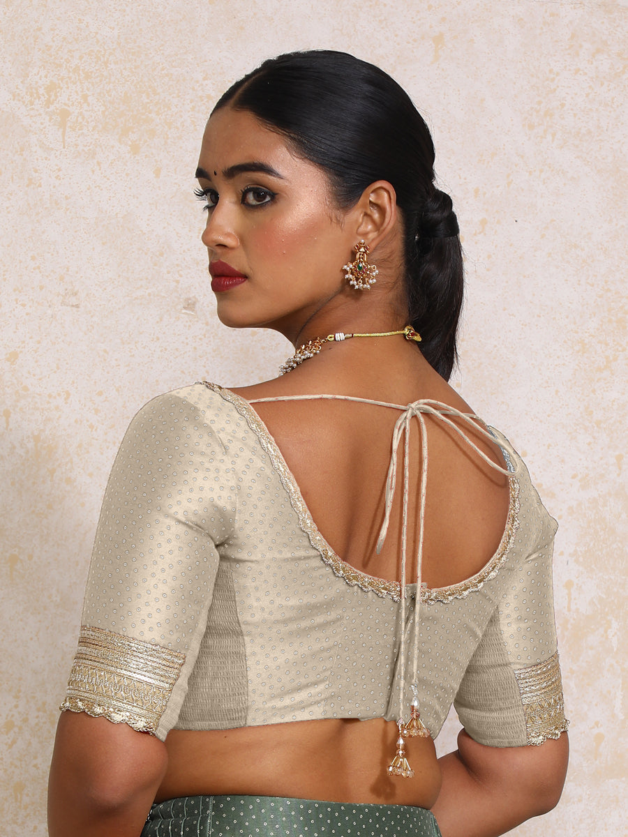 Navika x Tyohaar Saree Blouse, in Grey Chandheri, featuring elbow sleeves and scoop neckline, made for party & festive (view 2).