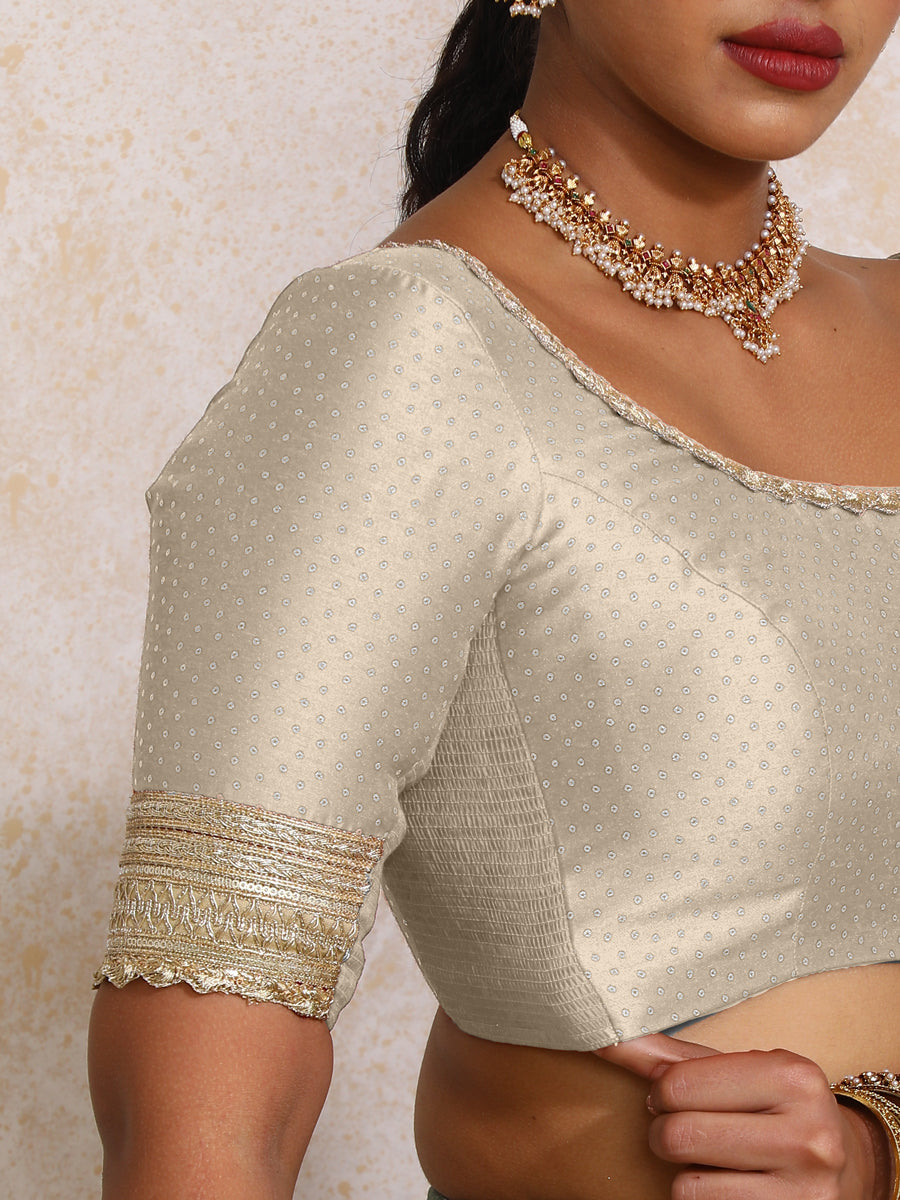 Navika x Tyohaar Saree Blouse, in Grey Chandheri, featuring elbow sleeves and scoop neckline, made for party & festive (view 3).
