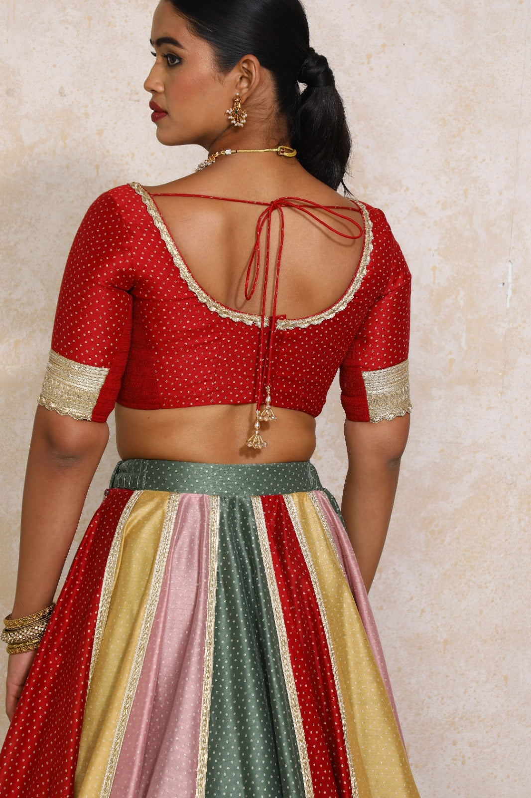 Navika x Tyohaar Saree Blouse, in Red Chandheri, featuring elbow sleeves and scoop neckline, made for party & festive (view 2).
