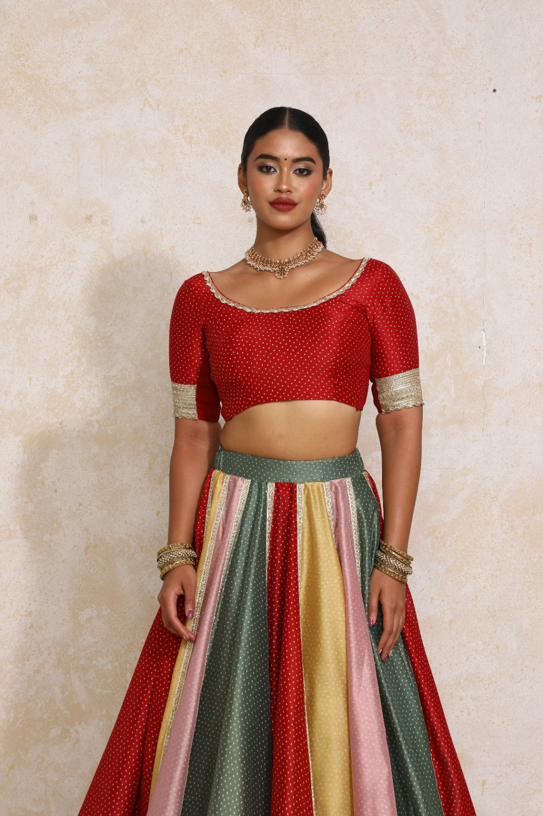 Navika x Tyohaar Saree Blouse, in Red Chandheri, featuring elbow sleeves and scoop neckline, made for party & festive (view 5).