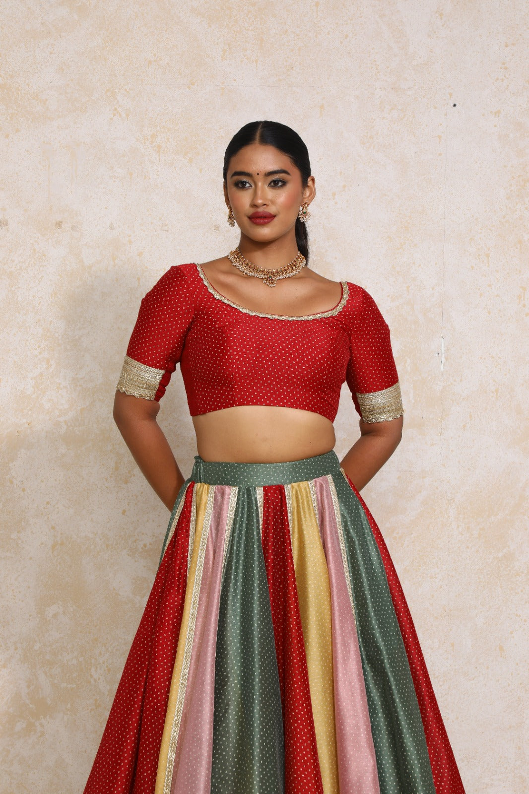 Navika x Tyohaar Saree Blouse, in Red Chandheri, featuring elbow sleeves and scoop neckline, made for party & festive (view 6).