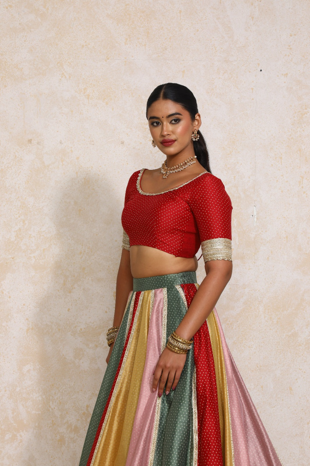 Navika x Tyohaar Saree Blouse, in Red Chandheri, featuring elbow sleeves and scoop neckline, made for party & festive (view 7).