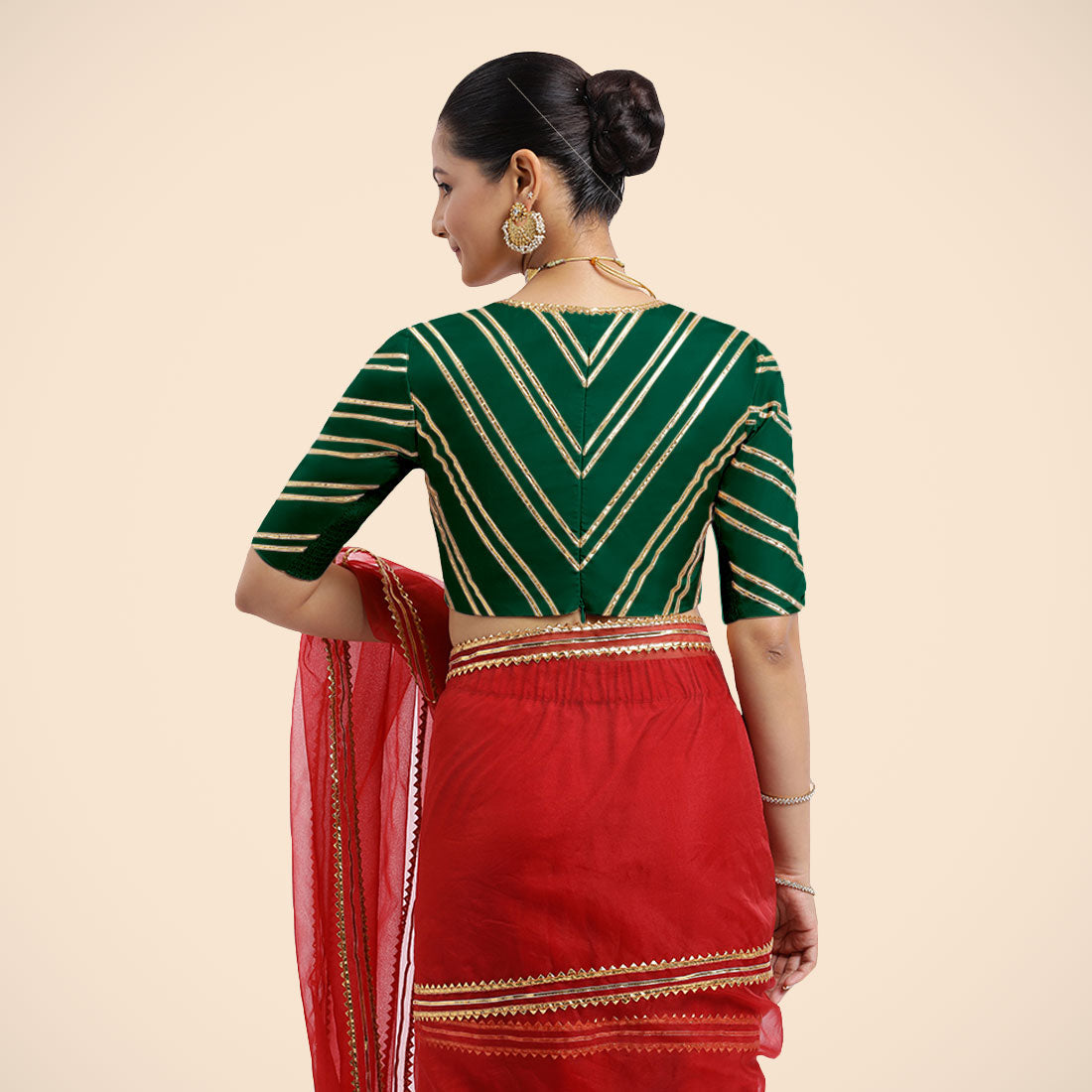 Navya x Tyohaar Saree Blouse, in Green Vegan Silk, featuring elbow sleeves and v-neckline, made for party & festive (view 7).