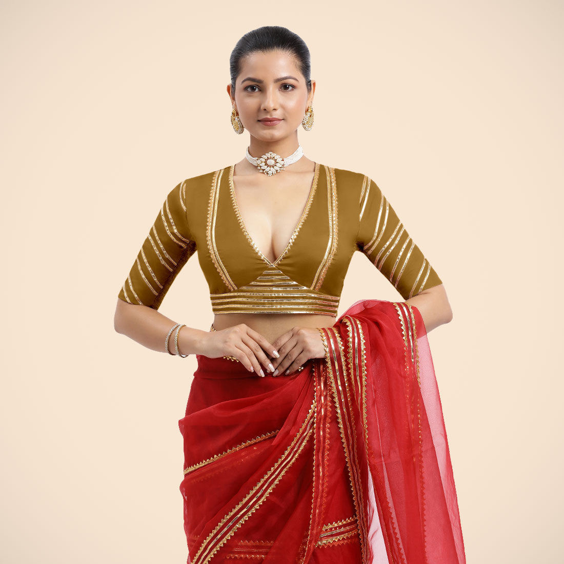 Navya x Tyohaar Saree Blouse, in Gold Vegan Silk, featuring elbow sleeves and v-neckline, made for party & festive (view 4).