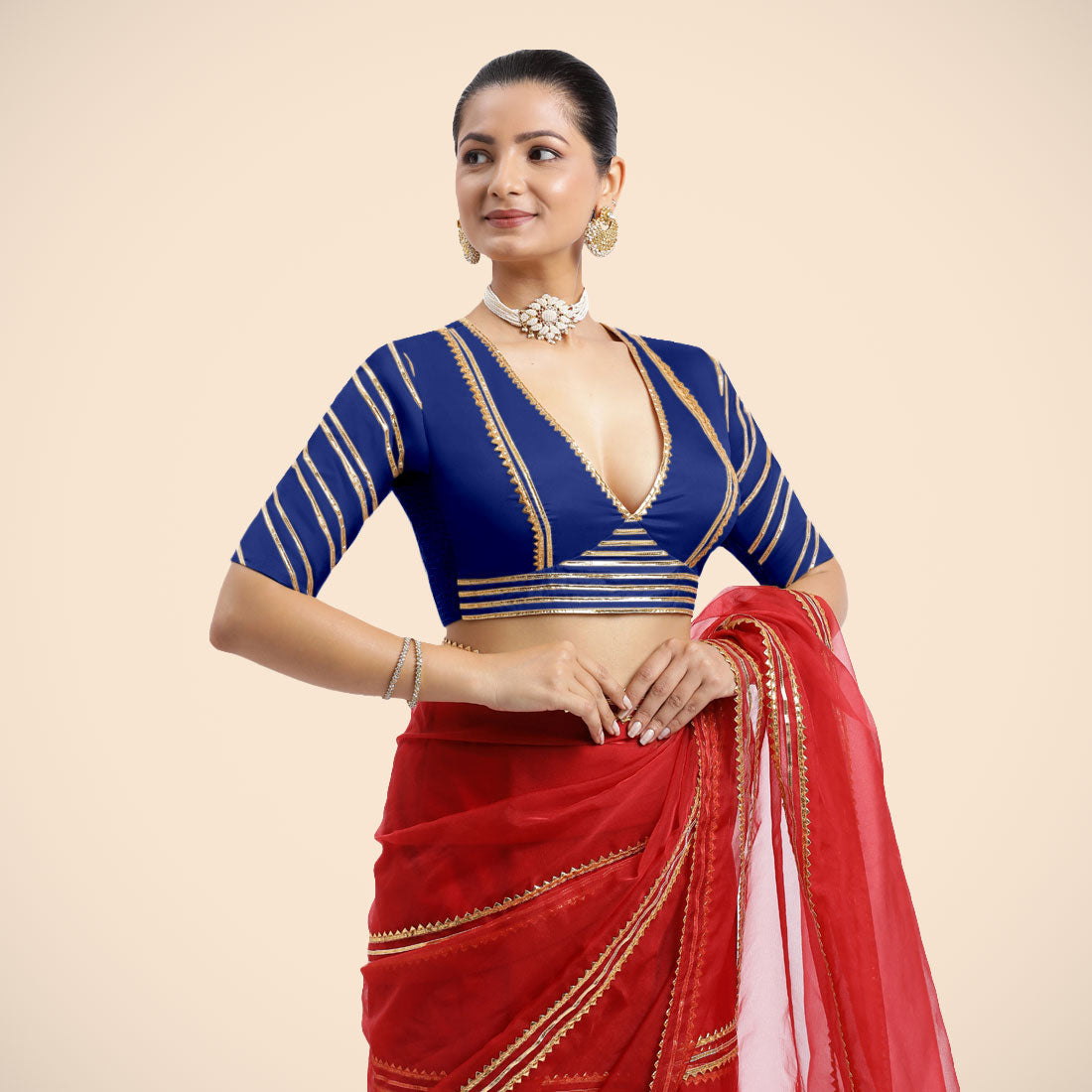 Navya x Tyohaar Saree Blouse, in Blue Vegan Silk, featuring elbow sleeves and v-neckline, made for party & festive (view 2).