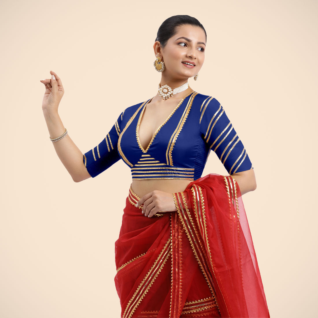 Navya x Tyohaar Saree Blouse, in Blue Vegan Silk, featuring elbow sleeves and v-neckline, made for party & festive (view 3).
