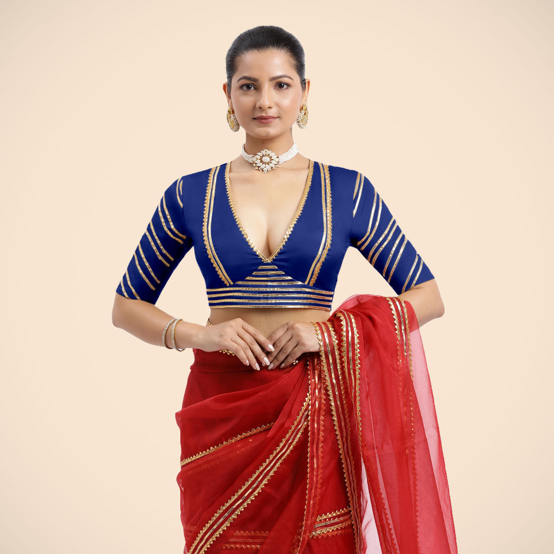 Navya x Tyohaar Saree Blouse, in Blue Vegan Silk, featuring elbow sleeves and v-neckline, made for party & festive (view 4).