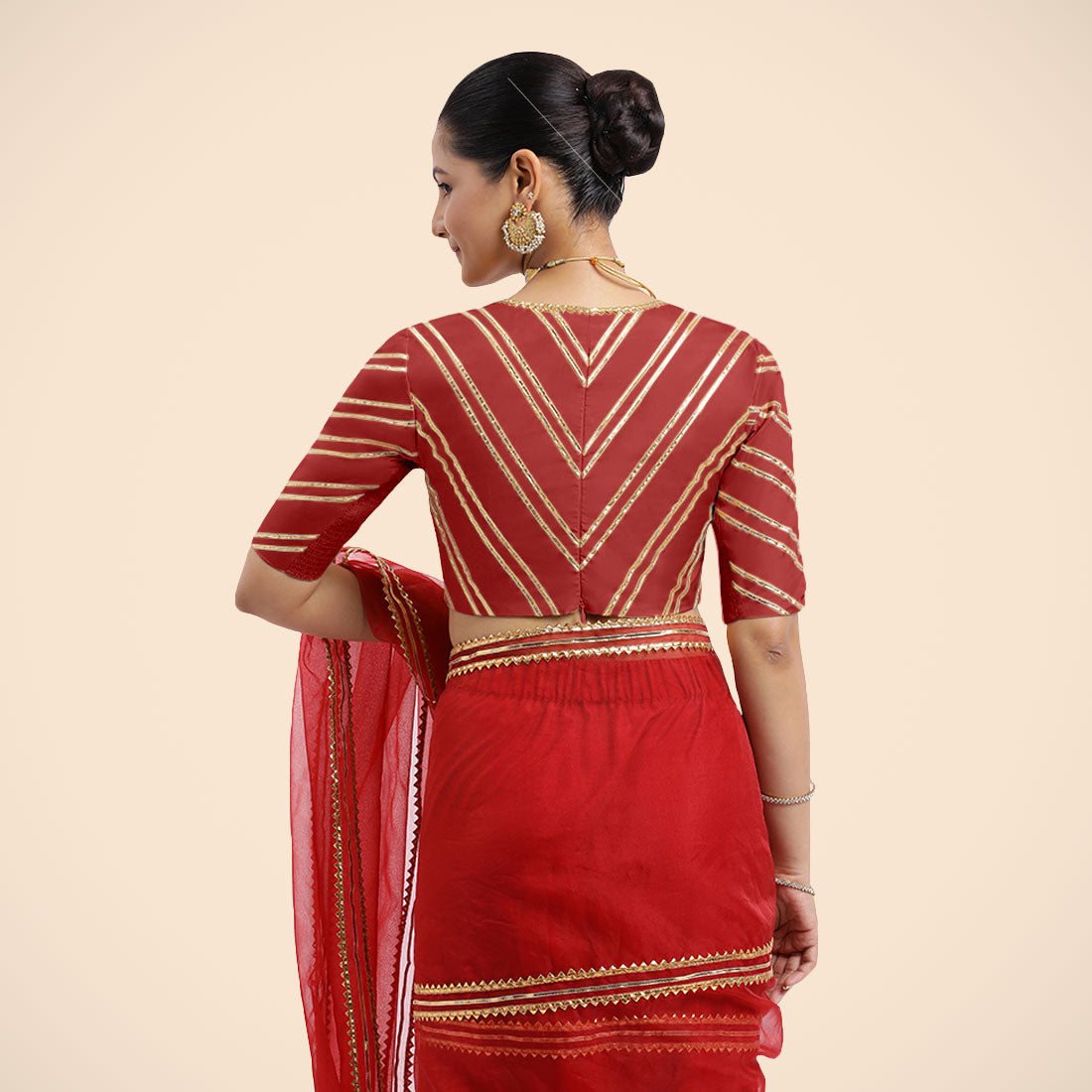 Navya x Tyohaar Saree Blouse, in Red Vegan Silk, featuring elbow sleeves and v-neckline, made for party & festive (view 4).