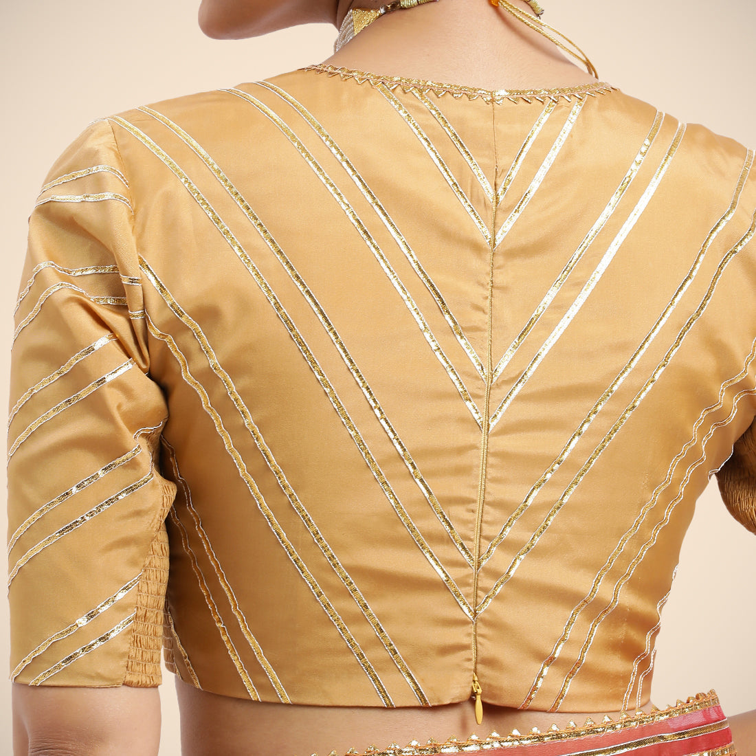 Navya x Tyohaar Saree Blouse, in Gold Vegan Silk, featuring elbow sleeves and v-neckline, made for party & festive (view 2).