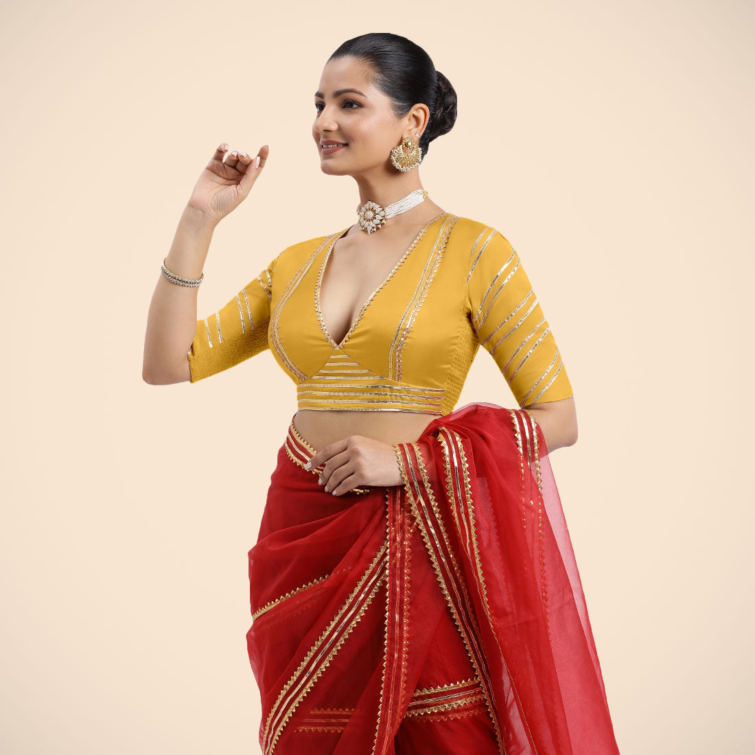 Navya x Tyohaar Saree Blouse, in Yellow Vegan Silk, featuring elbow sleeves and v-neckline, made for party & festive.