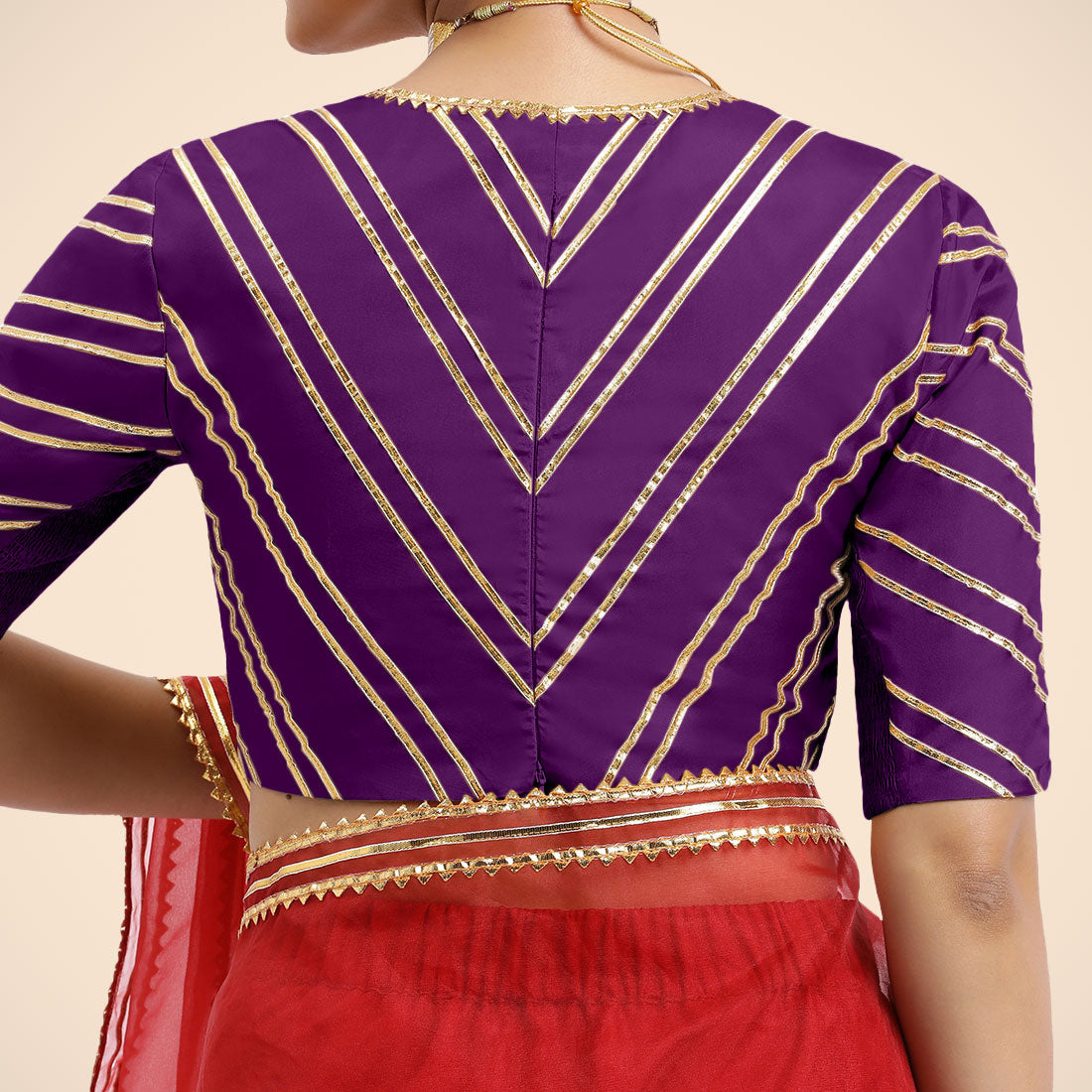 Navya x Tyohaar Saree Blouse, in Purple Vegan Silk, featuring elbow sleeves and v-neckline, made for party & festive (view 6).