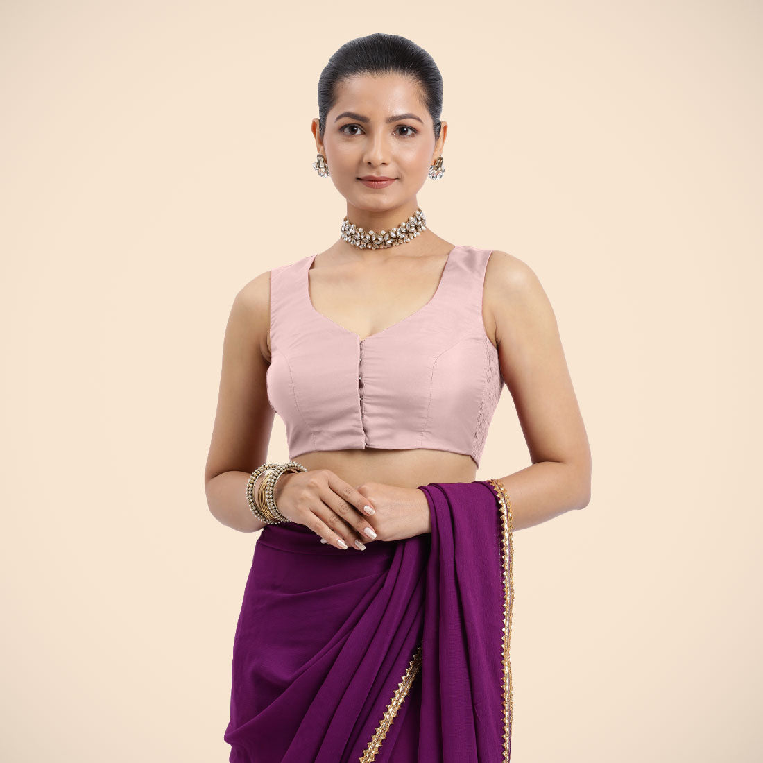 Nazia x Rozaana Saree Blouse, in Pink Artificial Silk, featuring sleeveless and curved v-neckline, made for daily & work.