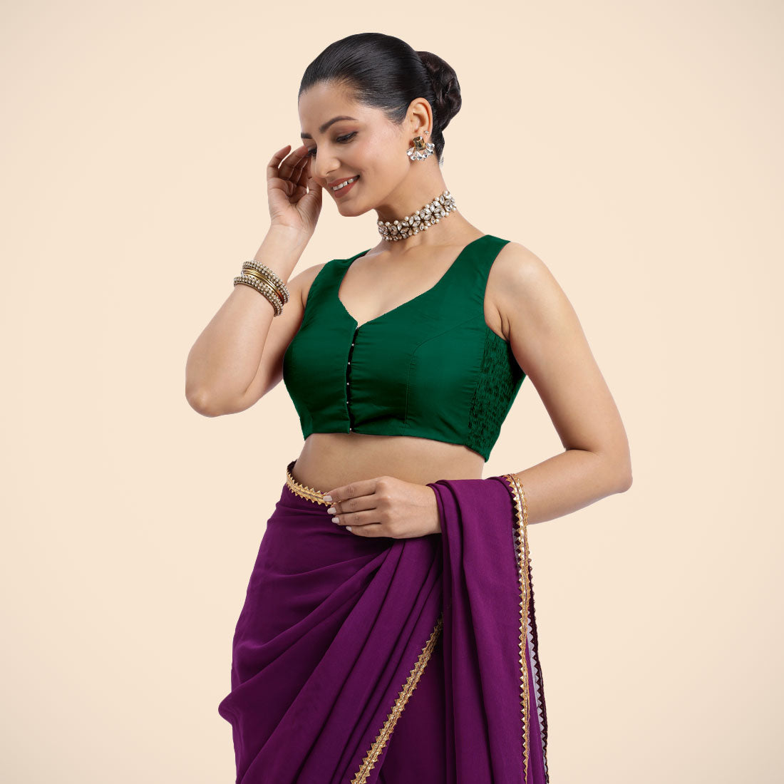Nazia x Rozaana Saree Blouse, in Green Vegan Silk, featuring sleeveless and curved v-neckline, made for daily & work (view 6).