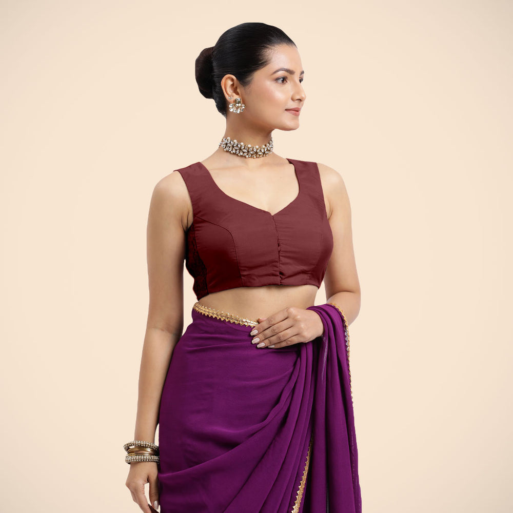 Nazia x Rozaana | Burgundy Sleeveless FlexiFit™ Saree Blouse with Front Open Curved V Neckline with Deep Back and Dori