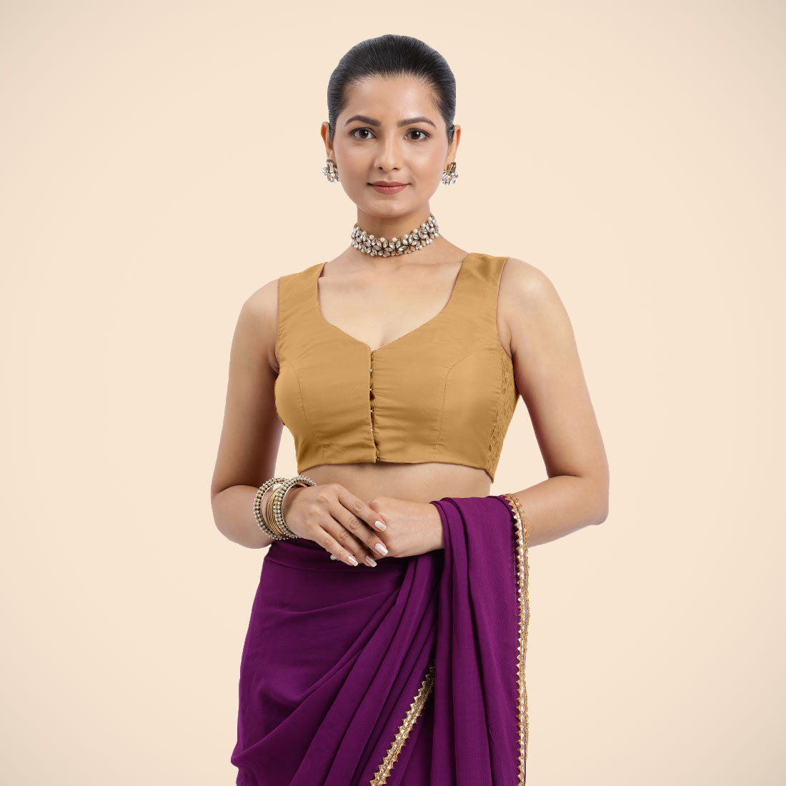 Nazia x Rozaana Saree Blouse, in Gold Vegan Silk, featuring sleeveless and curved v-neckline, made for daily & work (view 5).