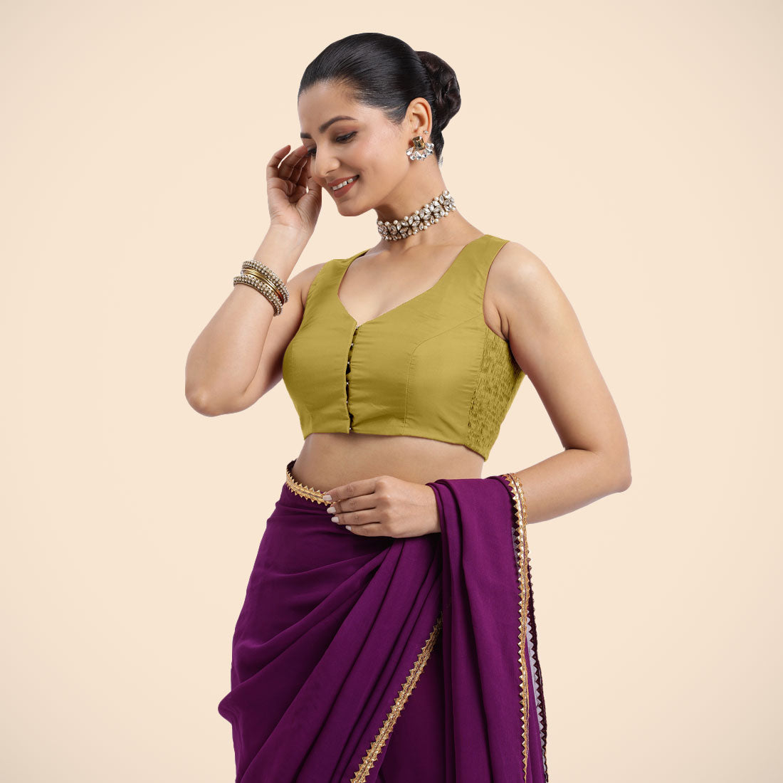 Nazia x Rozaana Saree Blouse, in Yellow Vegan Silk, featuring sleeveless and curved v-neckline, made for daily & work (view 5).