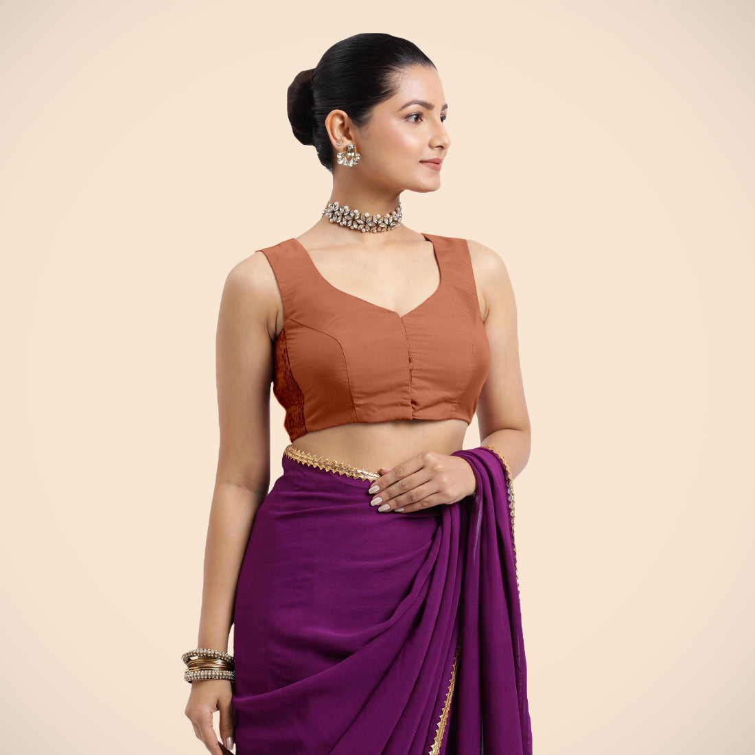 Nazia x Rozaana Saree Blouse, in Copper Vegan Silk, featuring sleeveless and curved v-neckline, made for daily & work (view 3).