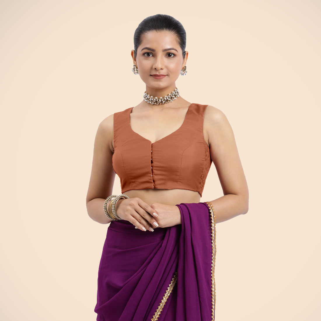 Nazia x Rozaana Saree Blouse, in Copper Vegan Silk, featuring sleeveless and curved v-neckline, made for daily & work (view 4).
