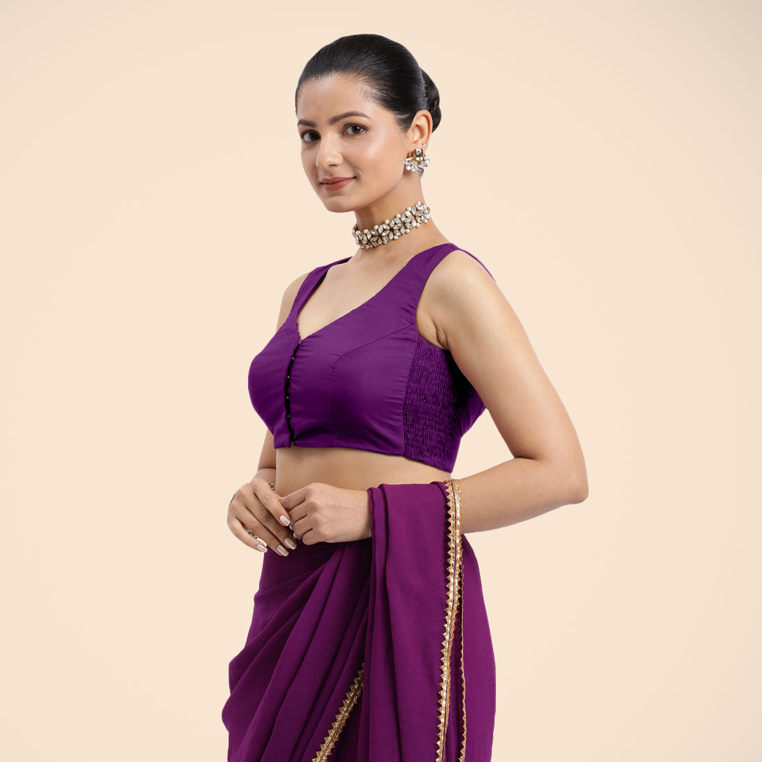 Nazia x Rozaana Saree Blouse, in Purple Vegan Silk, featuring sleeveless and curved v-neckline, made for daily & work (view 6).