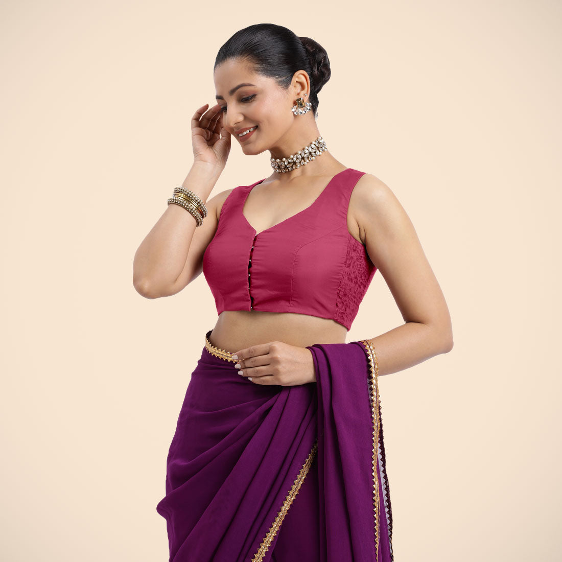 Nazia x Rozaana Saree Blouse, in Pink Vegan Silk, featuring sleeveless and curved v-neckline, made for daily & work (view 6).