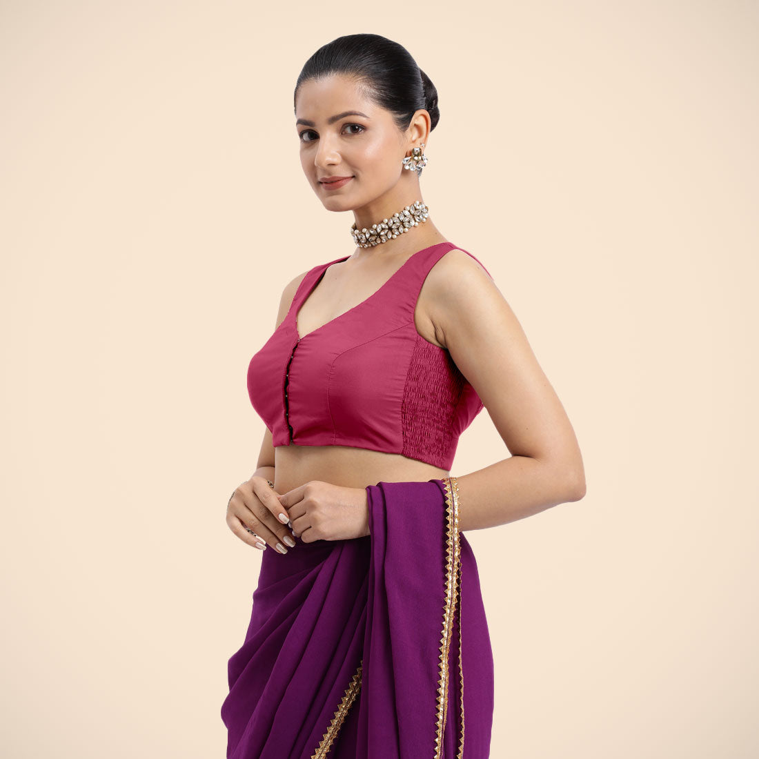 Nazia x Rozaana Saree Blouse, in Pink Vegan Silk, featuring sleeveless and curved v-neckline, made for daily & work (view 7).