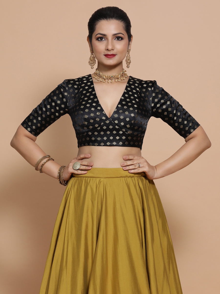 Nida x Tyohaar Saree Blouse, in Black Embroidery & Brocade, featuring elbow sleeves and v-neckline, made for party & festive.
