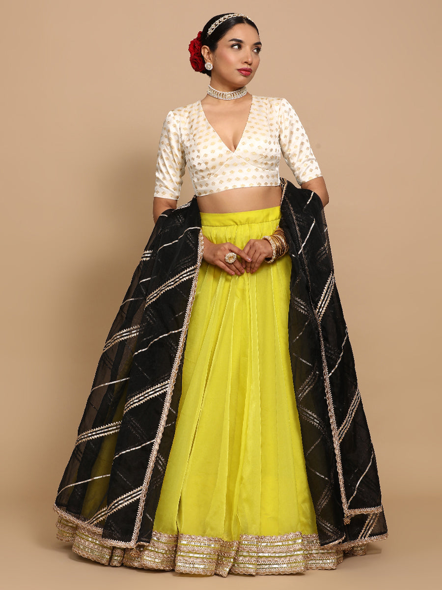 Nida x Tyohaar Saree Blouse, in Cream Embroidery & Brocade, featuring elbow sleeves and v-neckline, made for party & festive.