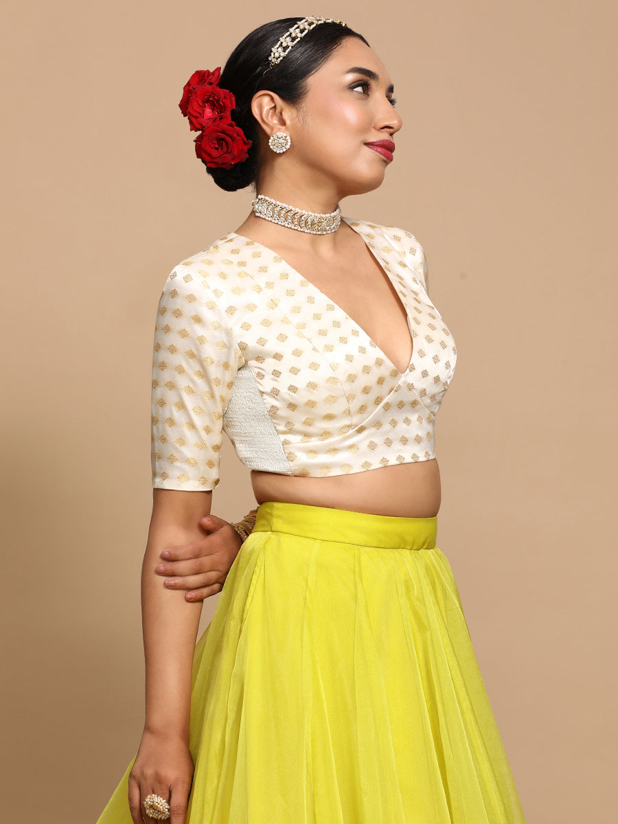 Nida x Tyohaar Saree Blouse, in Cream Embroidery & Brocade, featuring elbow sleeves and v-neckline, made for party & festive.