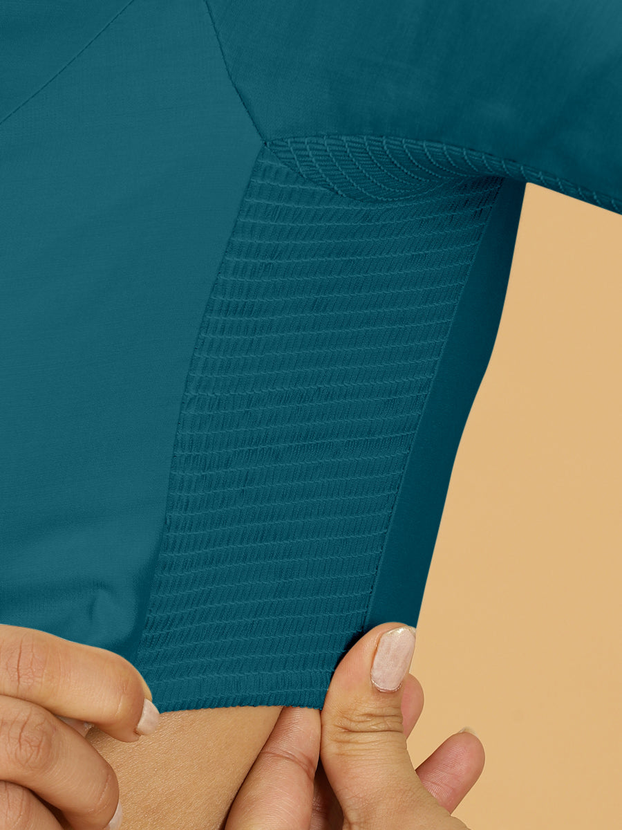 Nidhi x Rozaana Saree Blouse, in Blue Viscose, featuring elbow sleeves and scoop neckline, made for daily & work (view 3).