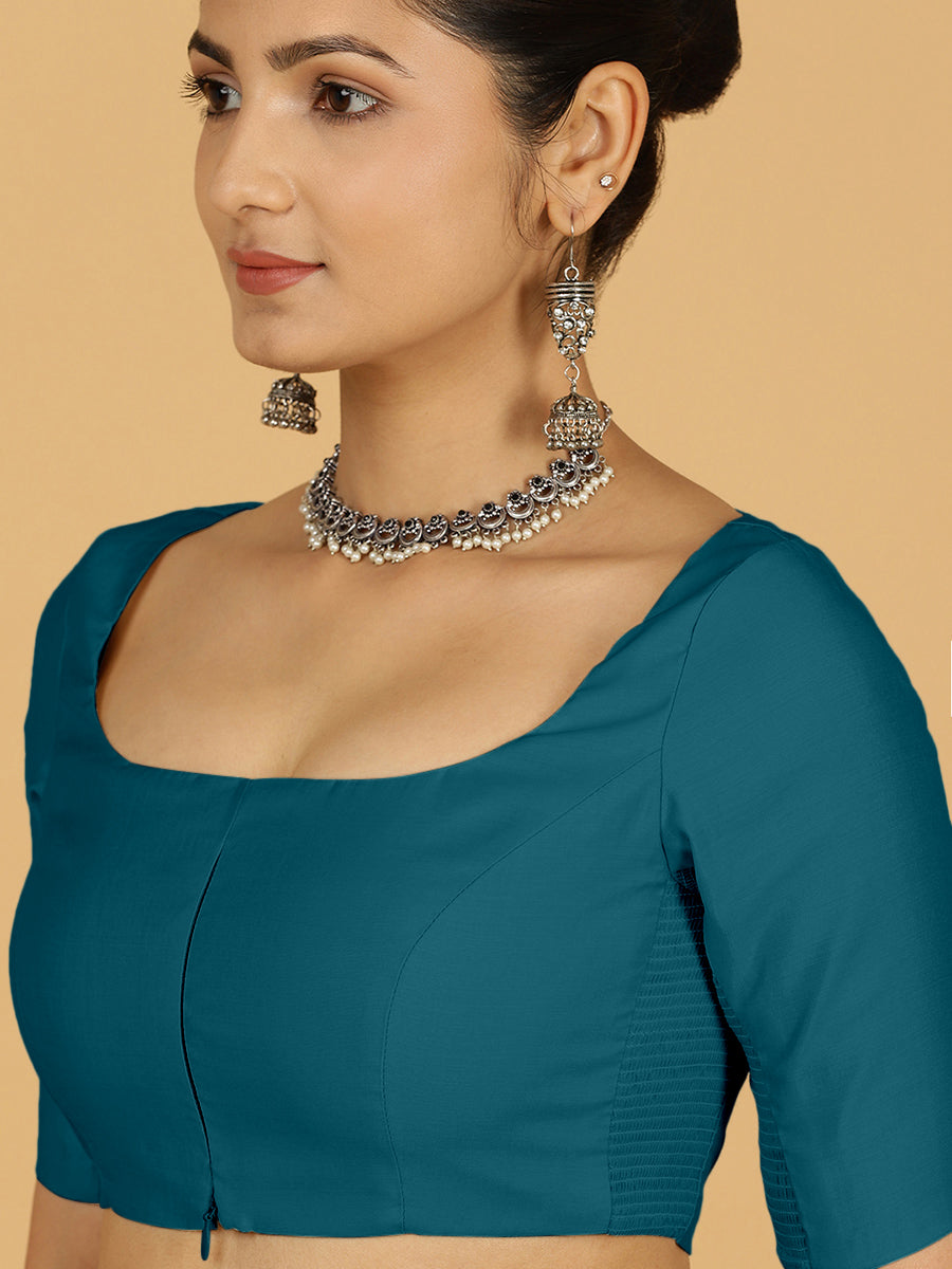 Nidhi x Rozaana Saree Blouse, in Blue Viscose, featuring elbow sleeves and scoop neckline, made for daily & work (view 5).