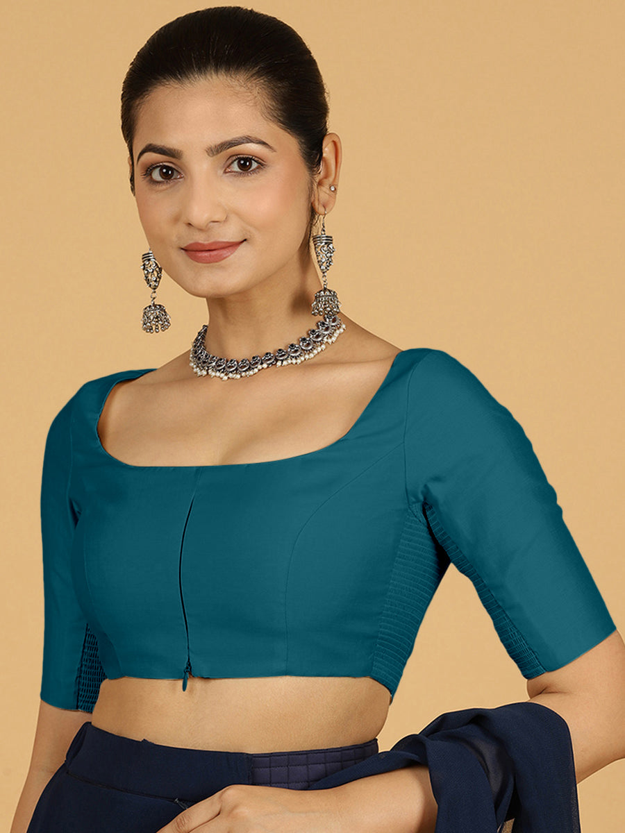 Nidhi x Rozaana Saree Blouse, in Blue Viscose, featuring elbow sleeves and scoop neckline, made for daily & work (view 6).