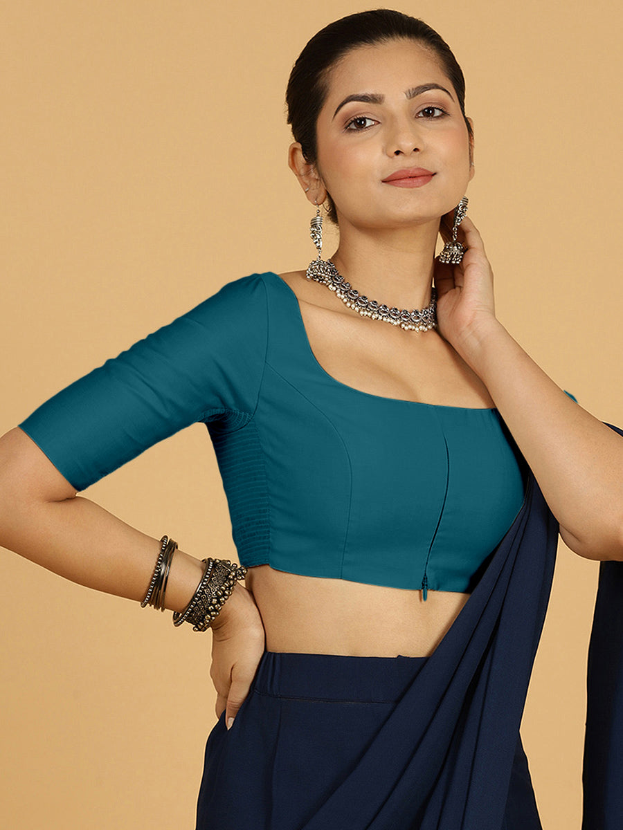 Nidhi x Rozaana Saree Blouse, in Blue Viscose, featuring elbow sleeves and scoop neckline, made for daily & work (view 7).