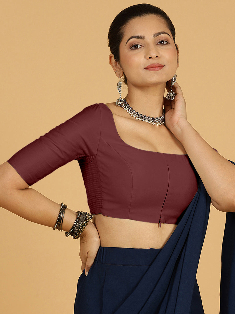 Nidhi x Rozaana Saree Blouse, in Maroon Viscose, featuring elbow sleeves and scoop neckline, made for daily & work (view 6).