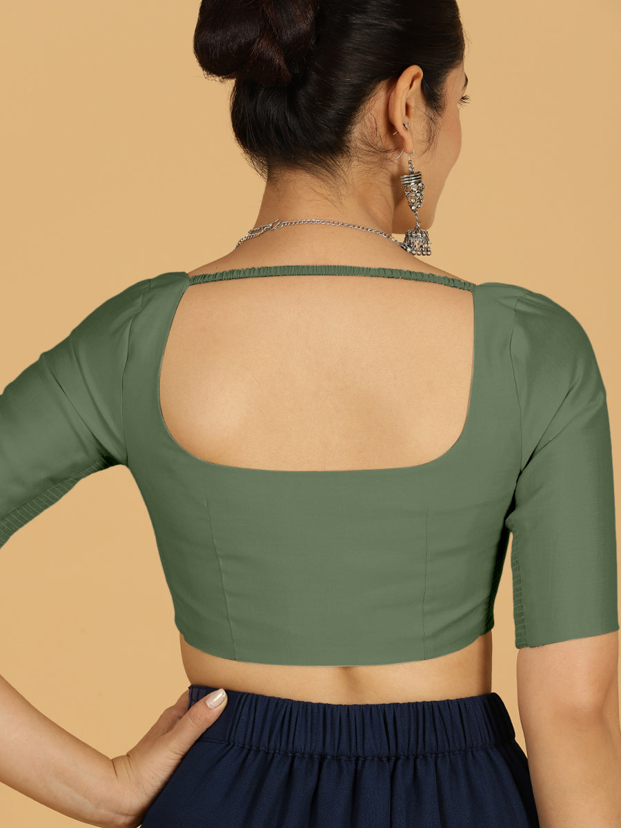 Nidhi x Rozaana Saree Blouse, in Green Viscose, featuring elbow sleeves and scoop neckline, made for daily & work (view 2).