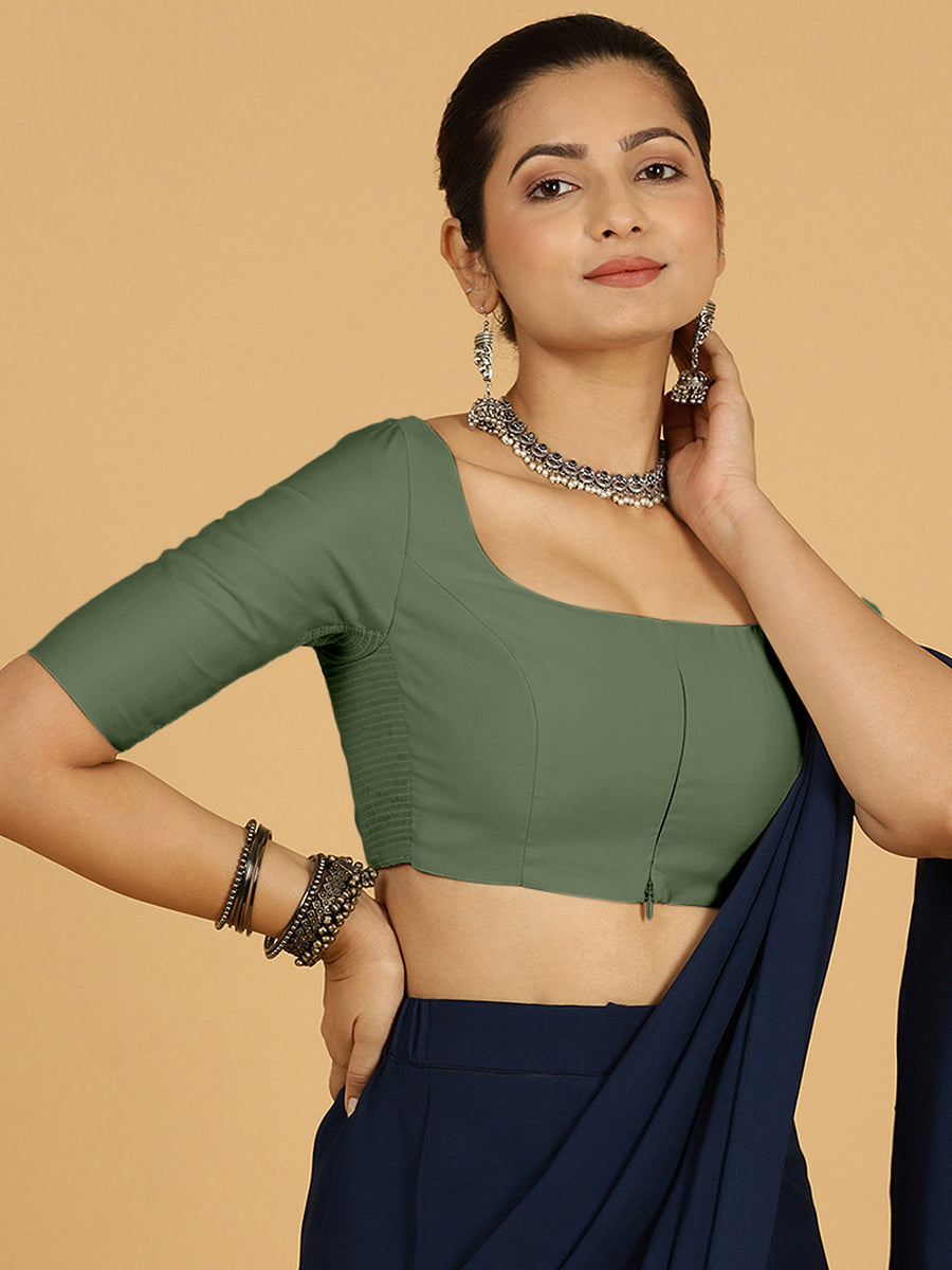 Nidhi x Rozaana Saree Blouse, in Green Viscose, featuring elbow sleeves and scoop neckline, made for daily & work (view 7).