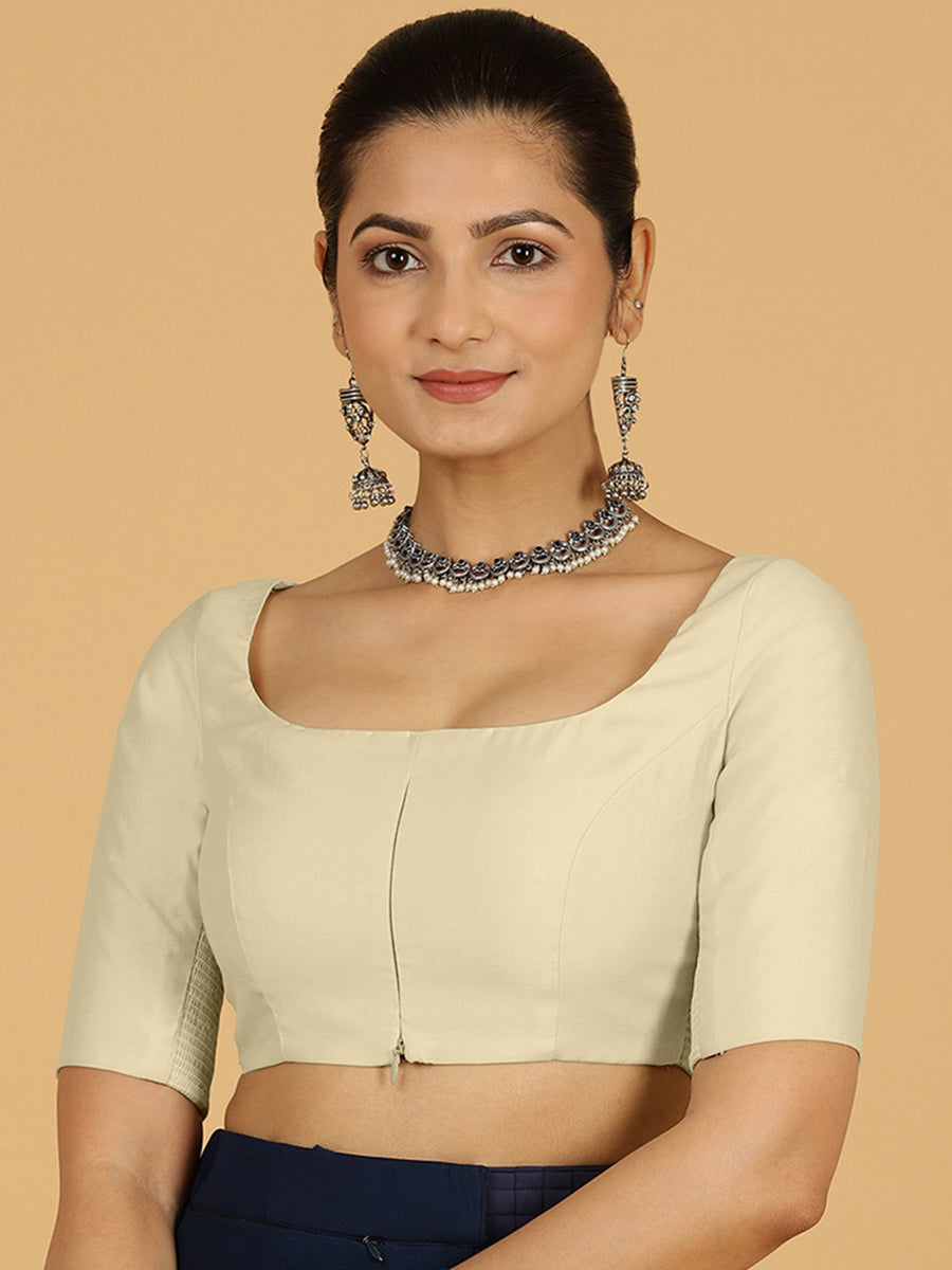Nidhi x Rozaana Saree Blouse, in Cream Viscose, featuring elbow sleeves and scoop neckline, made for daily & work.