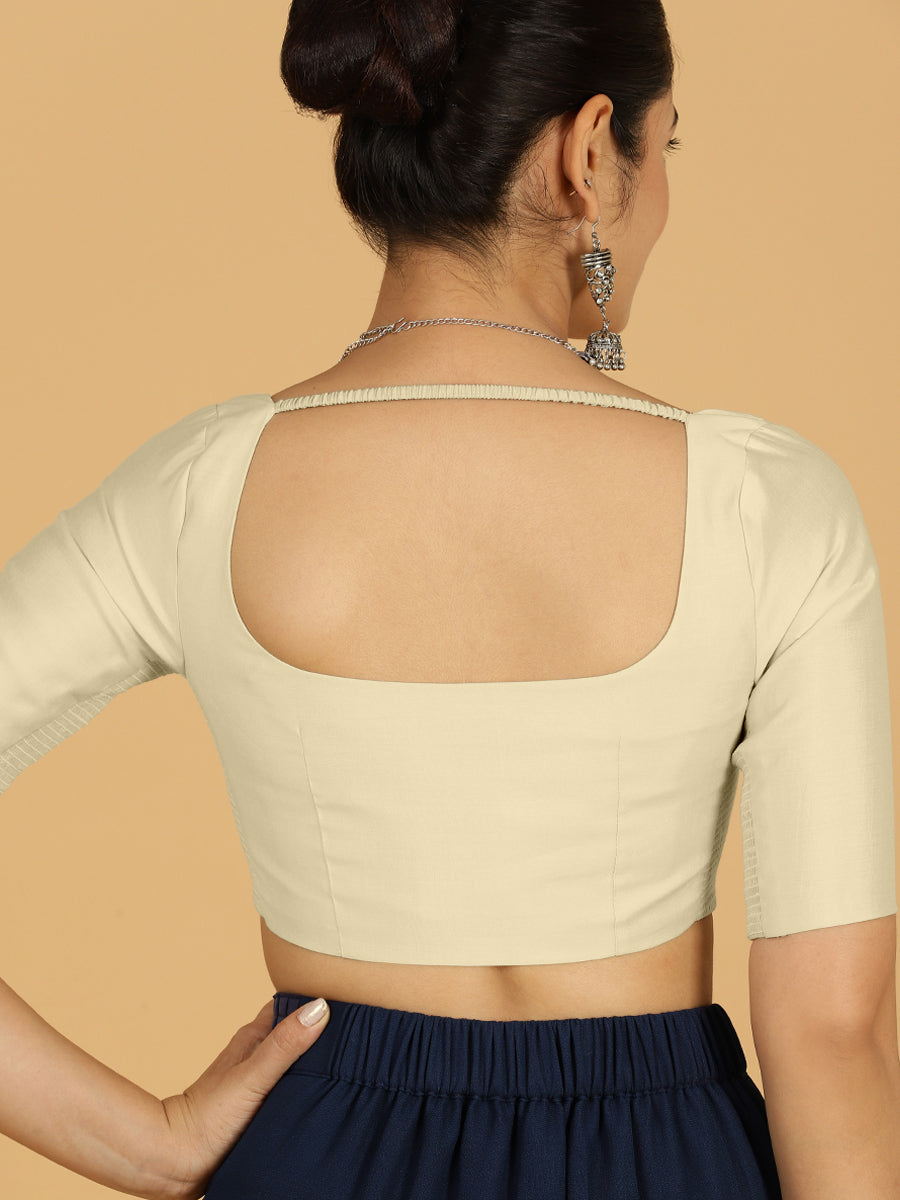 Nidhi x Rozaana Saree Blouse, in Cream Viscose, featuring elbow sleeves and scoop neckline, made for daily & work (view 2).