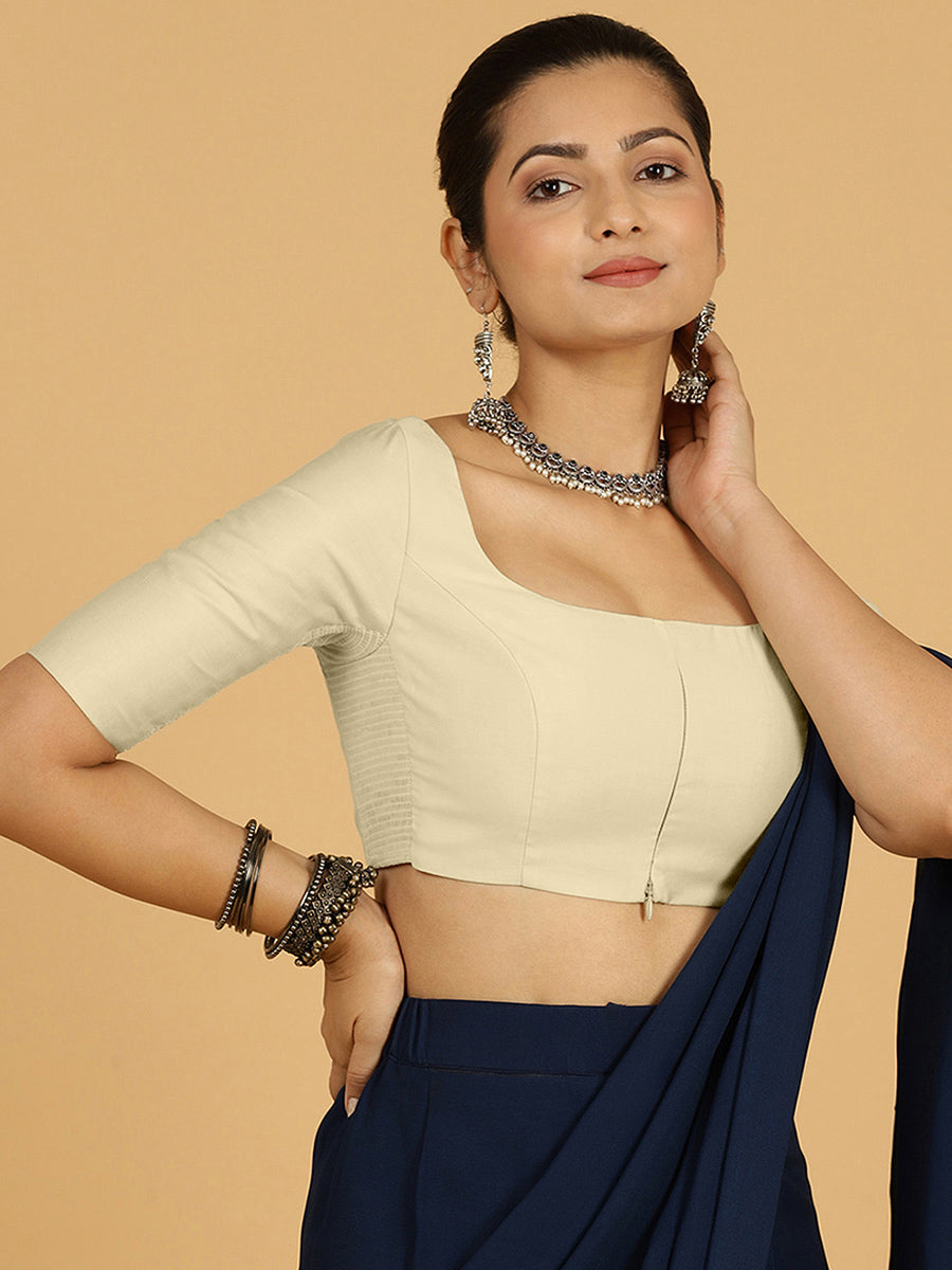 Nidhi x Rozaana Saree Blouse, in Cream Viscose, featuring elbow sleeves and scoop neckline, made for daily & work (view 7).