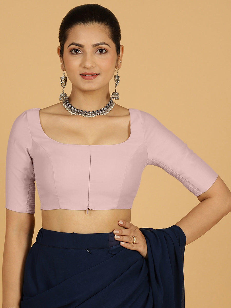 Nidhi x Rozaana Saree Blouse, in Purple Viscose, featuring elbow sleeves and scoop neckline, made for daily & work.