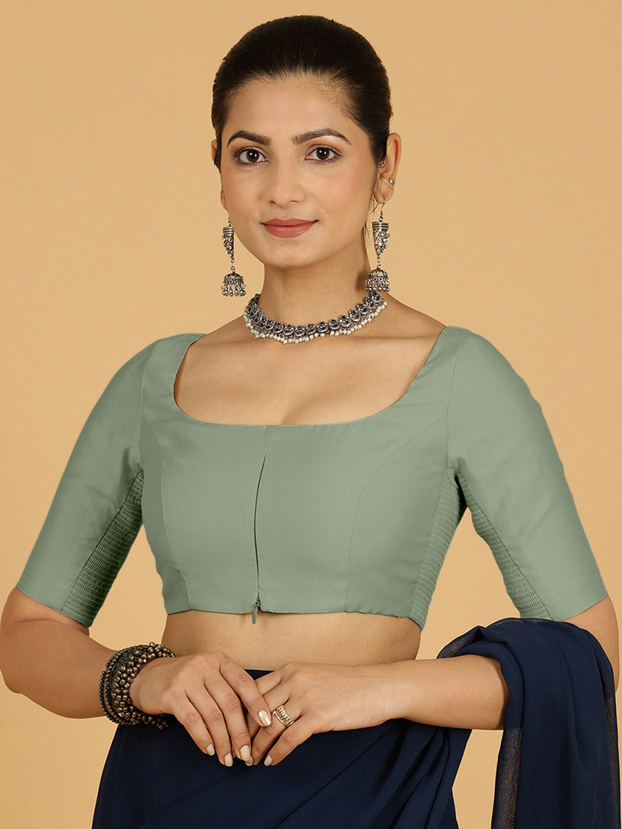 Nidhi x Rozaana Saree Blouse, in Green Viscose, featuring elbow sleeves and scoop neckline, made for daily & work.