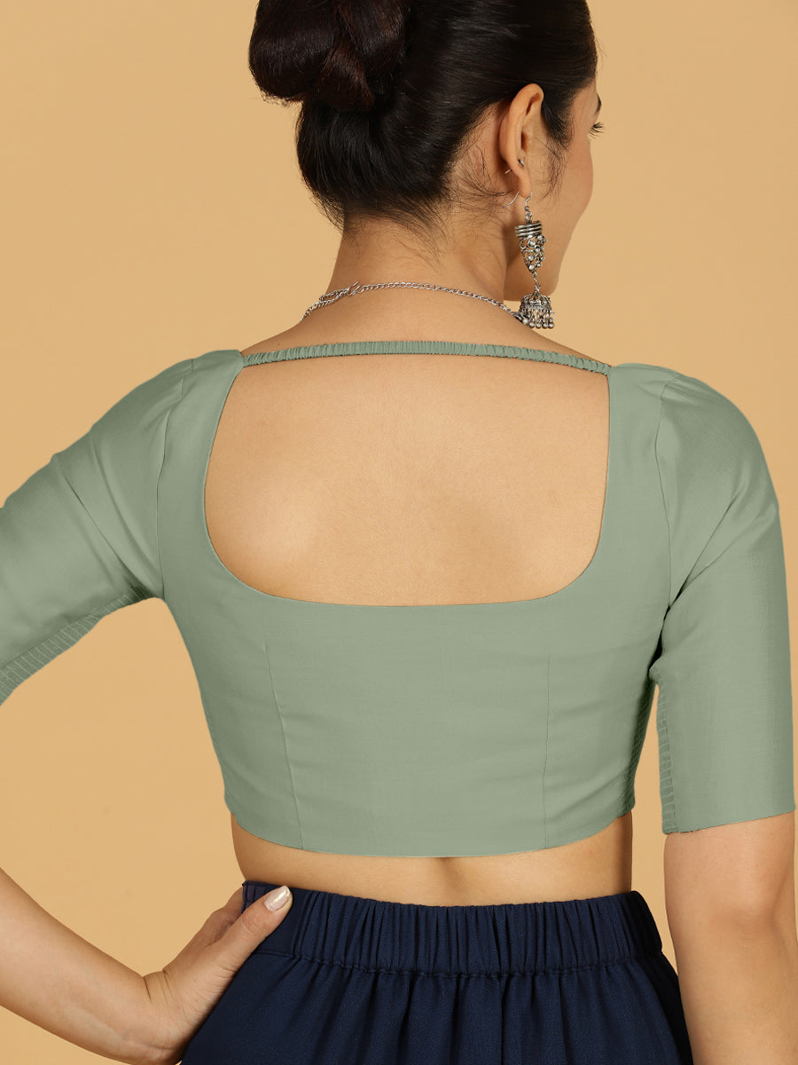 Nidhi x Rozaana Saree Blouse, in Green Viscose, featuring elbow sleeves and scoop neckline, made for daily & work (view 2).