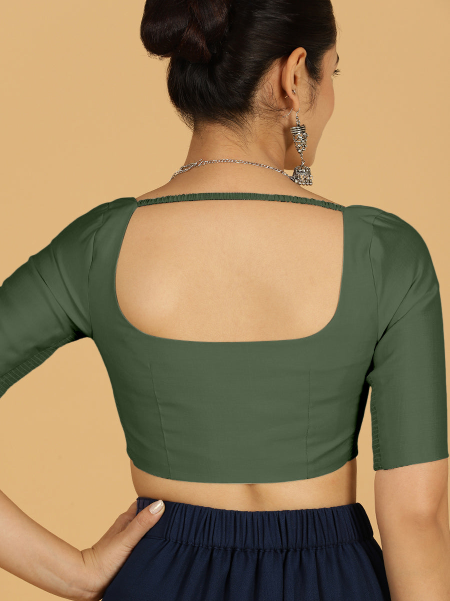 Nidhi x Rozaana Saree Blouse, in Green Viscose, featuring elbow sleeves and scoop neckline, made for daily & work (view 2).