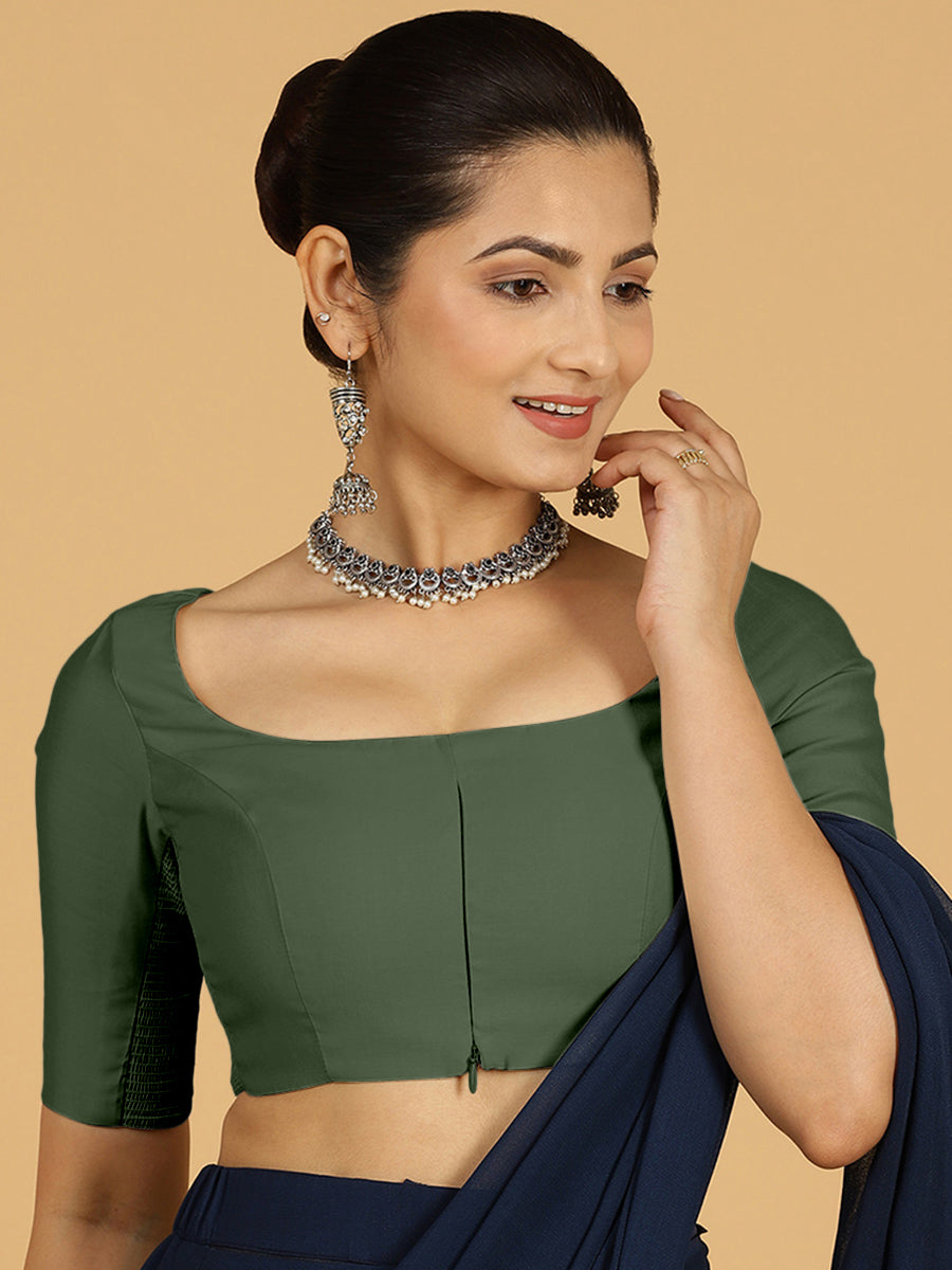 Nidhi x Rozaana Saree Blouse, in Green Viscose, featuring elbow sleeves and scoop neckline, made for daily & work (view 7).