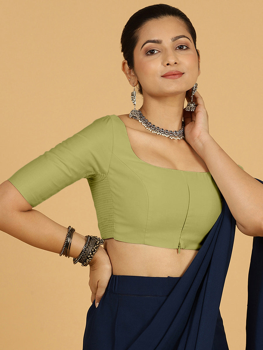 Nidhi x Rozaana Saree Blouse, in Green Viscose, featuring elbow sleeves and scoop neckline, made for daily & work (view 7).